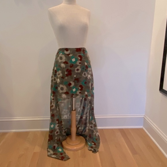 L’Amour High/Low Skirt Shirt In Front Long in Back Olive Green Print Womens L - Picture 1 of 13